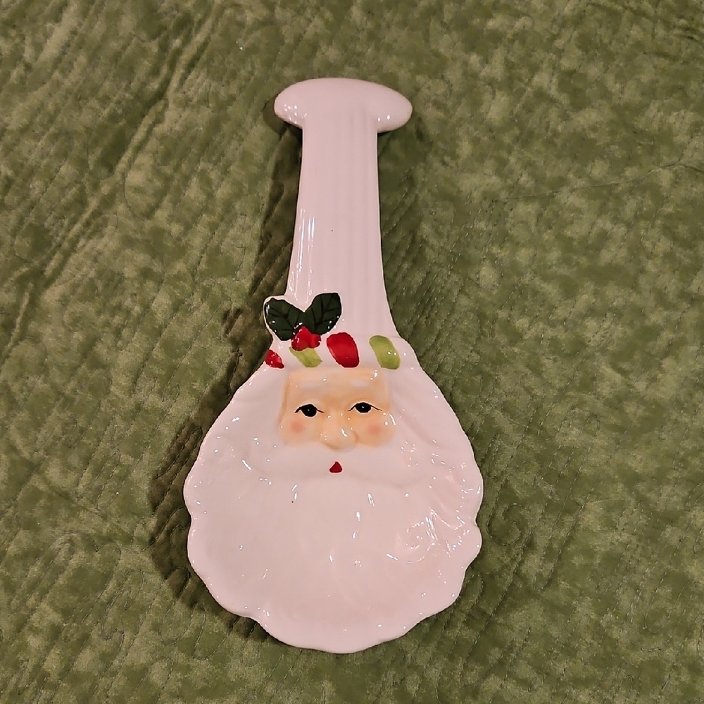 Santa Claus Ceramic Spoon Rest White Red Green Christmas Holiday